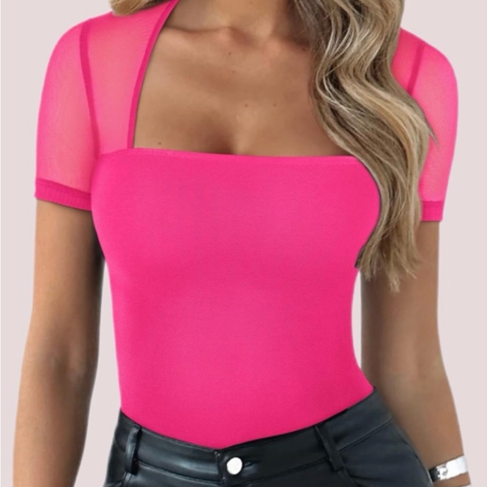 ReoRia Mesh Hot Pink Sheer Sleeve Bodysuit Sz M. NWT